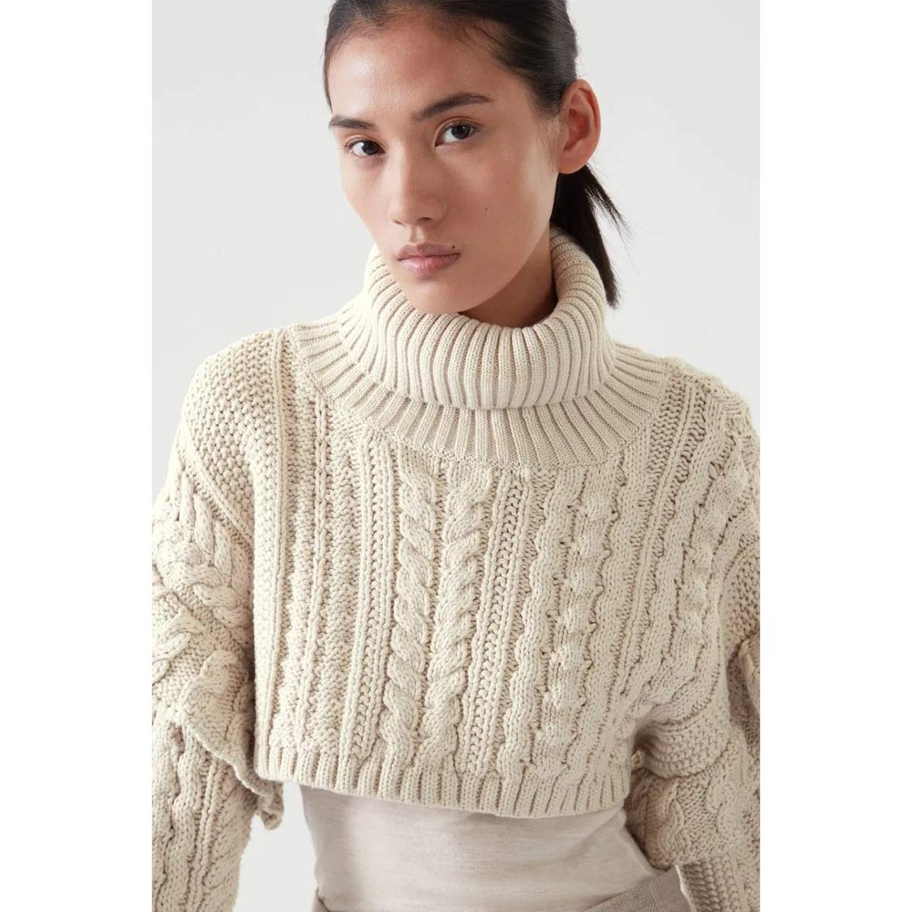 COS Cropped Cable Knit Jumper Sweater Womens OS Cream Turtleneck Ruffle Shrug